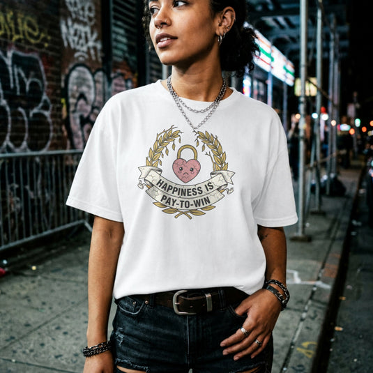 Translation missing: en.White t-shirt with a laurel wreath framing a locked pink heart and banner reading Happiness Is Pay-To-Win