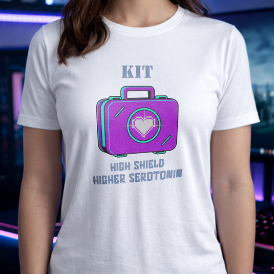 Translation missing: en.White cotton tee with heart loot drop case graphic and text, HIGH SHIELD HIGHER SEROTONIN