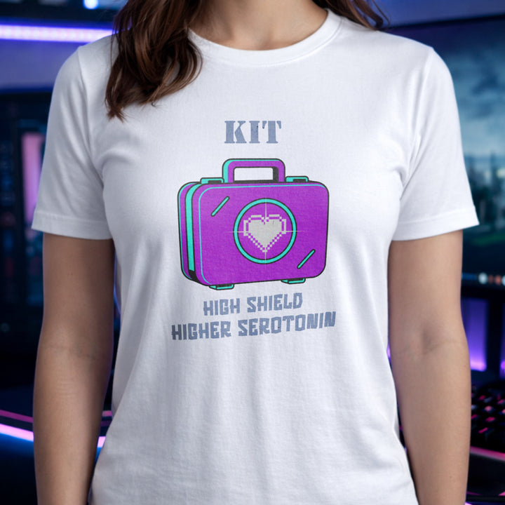 Translation missing: en.White cotton tee with heart loot drop case graphic and text, HIGH SHIELD HIGHER SEROTONIN
