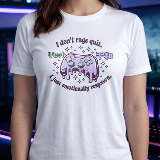 Translation missing: en.White t-shirt with a melting pastel purple controller and sparkles reading I don't rage quit I just emotionally respawn