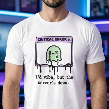 Translation missing: en.White cotton tee with graphic critical error box with pixel art character text "I'd vibe but server's down"