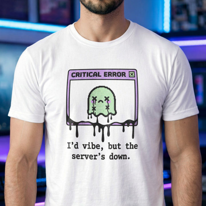 Translation missing: en.White cotton tee with graphic critical error box with pixel art character text "I'd vibe but server's down"