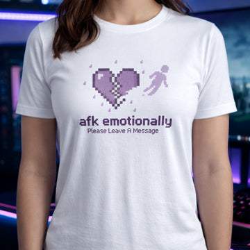 Translation missing: en.White cotton tee with pixel art broken heart and text AFK EMOTIONALLY Please leave a message" 