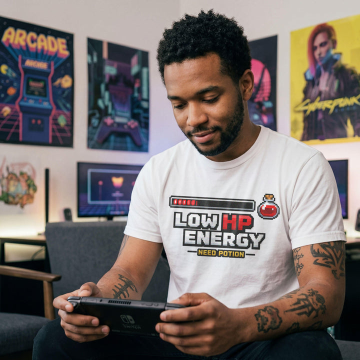 Translation missing: en.White cotton tee health bar and potion graphic with text, LOW HP ENERGY NEED POTION 
