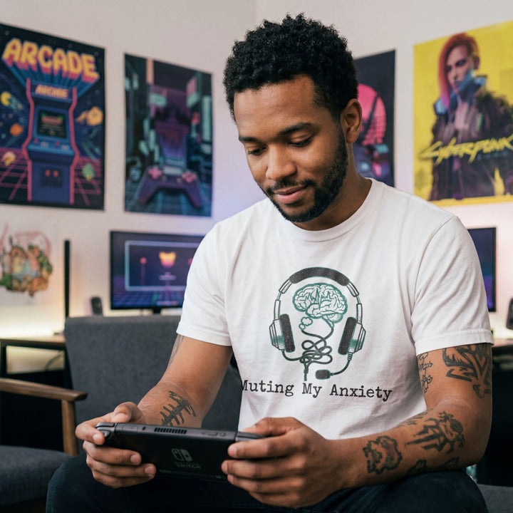 Translation missing: en.White tee with graphic: headphones connected to a brain and text, "Muting my anxiety"