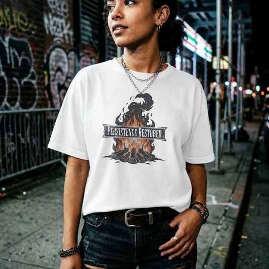 Translation missing: en.White unisex cotton tee. Bonfire graphic with text, PERSISTANCE RESTORED  