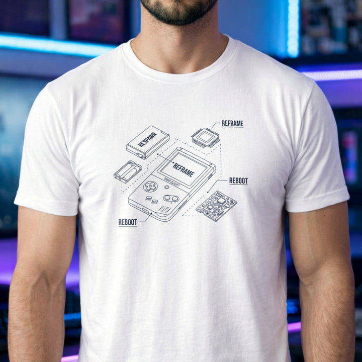 Translation missing: en.White t-shirt with a blue retro handheld console blueprint graphic labeled Respawn, Reframe, and Reboot