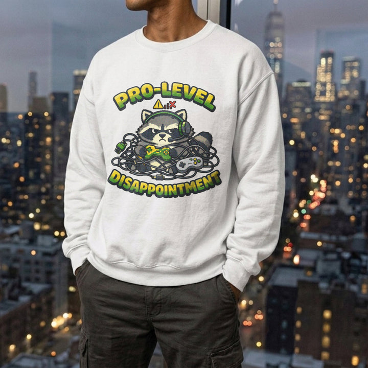 Translation missing: en.White sweatshirt with Grumpy Raccoon graphic reading Pro-Level Disappointment