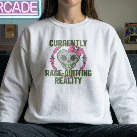 Translation missing: en.White Crewneck Sweatshirt With Skull Graphic Reading, Currently Rage Quitting Reality