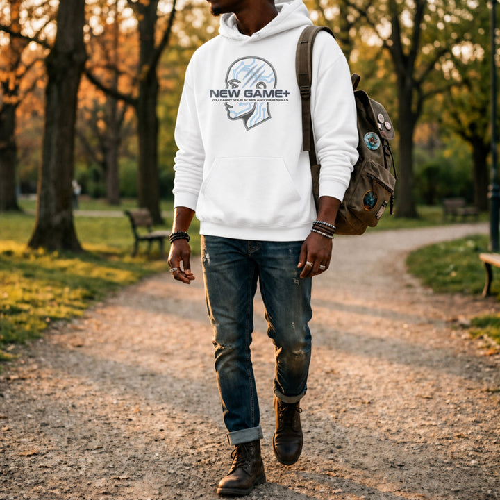 Translation missing: en.White Pullover Hoodie Cybernetic Sci-Fi Gamer Graphic With Text, New Game Plus 
