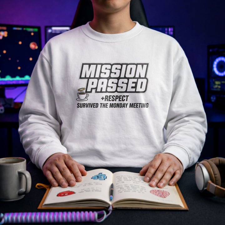 Translation missing: en.White sweatshirt reading Mission Passed Respect Survived Monday Meeting
