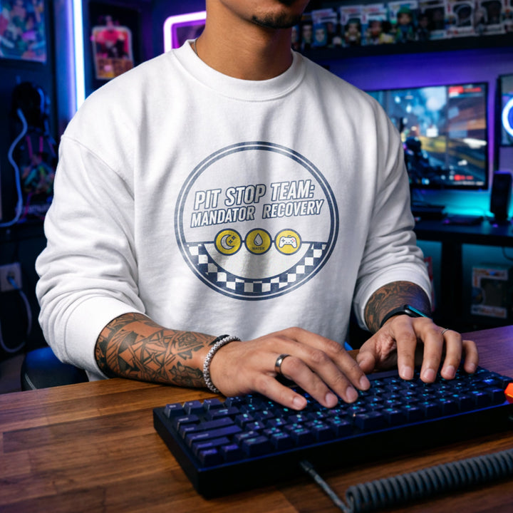 Translation missing: en.White Crewneck Sweatshirt Racing Gamer Dashboard Badge With Text, Pit Stop Team Mandator Recovery 
