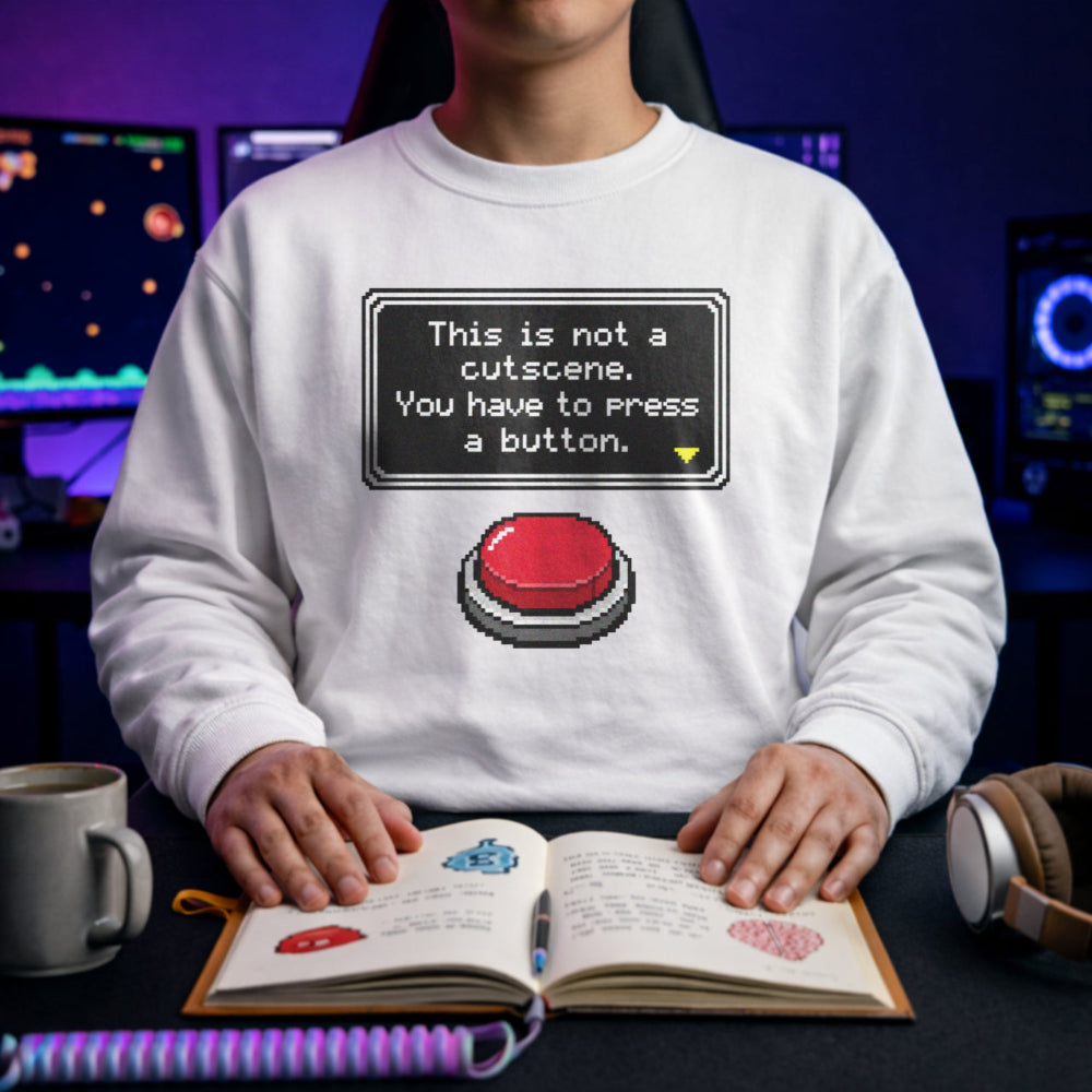 Translation missing: en.White Crewneck Sweatshirt Pixel Button Graphic With Text, This Is Not A Cutscene You Have To Press A Button By Alt n Vibe