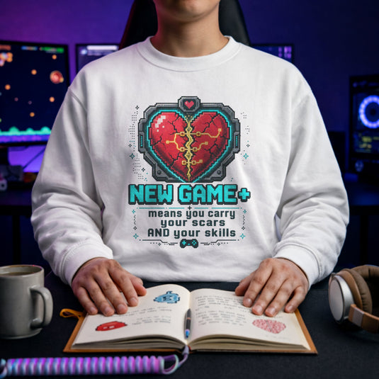 Translation missing: en.White Crewneck Sweatshirt Pixel Heart Graphic Text Reading, New Game Plus means you carry your scars