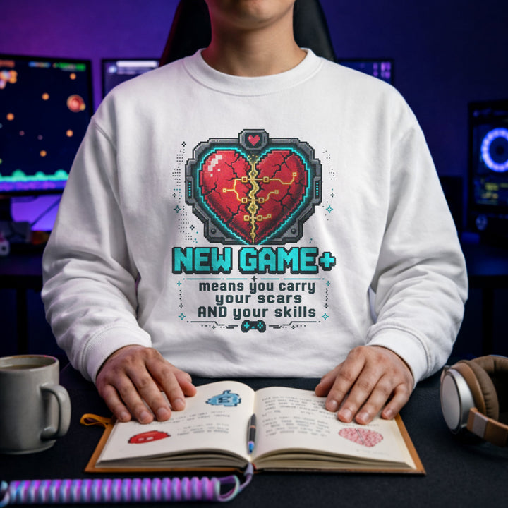 Translation missing: en.White Crewneck Sweatshirt Pixel Heart Graphic Text Reading, New Game Plus means you carry your scars