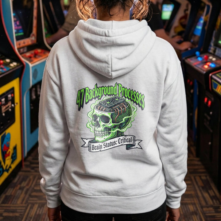 Translation missing: en. White Back Print Pullover Hoodie Overheating Skull Text Reading 47 Background Processes 