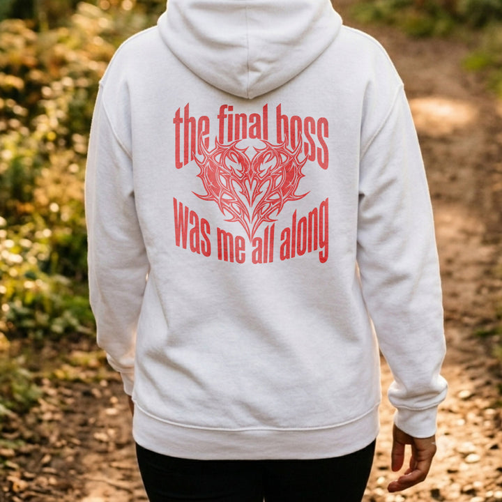 Translation missing: en.White back print pullover hoodie with  Tribal Heart Gamer graphic and text, The Final Boss Was Me 