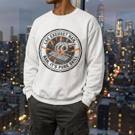 Translation missing: en.White Sweatshirt With Gaming Skate Emblem reading LAG EXCUSE NAH ITS PURE SKILL