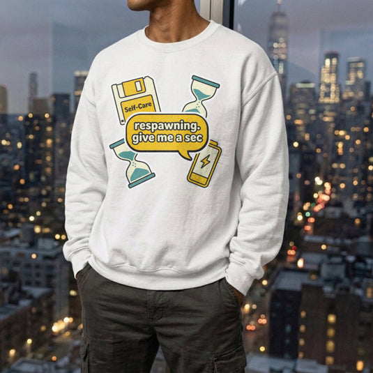 Translation missing: en.Alt n Vibe white sweatshirt with floppy disk, hour glasses, battery icon, and Respawning give me a sec speech bubble quote
