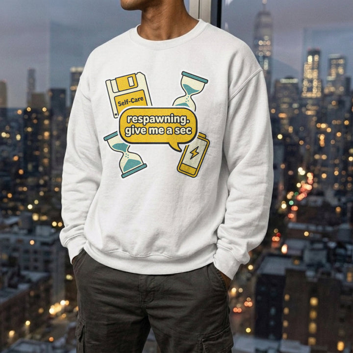 Translation missing: en.White Crewneck Sweatshirt Self Care Floppy Disk Graphic With Text Respawning Give Me A Sec