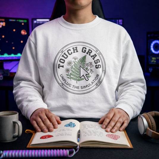 Translation missing: en.White Crewneck Sweatshirt Forest Green With Nature Badge Design Text Reading, Touch Grass Unplug The Simulation