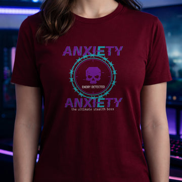 Translation missing: en.Purple and teal pixelated glitch text reading Anxiety Enemy Detected on a cardinal red graphic gamer tee