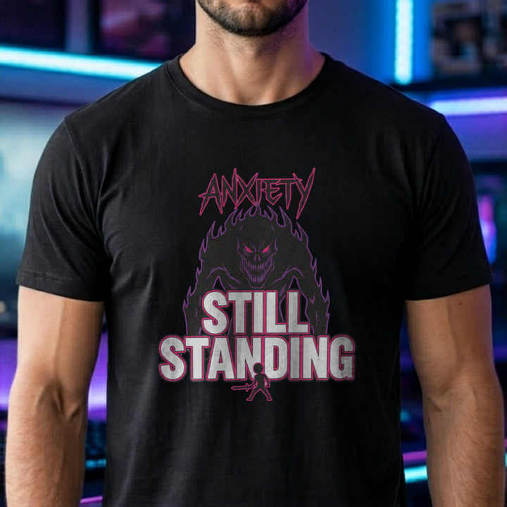 Translation missing: en.Black t-shirt with a giant dark shadow monster graphic reading Anxiety and Still Standing with small knight