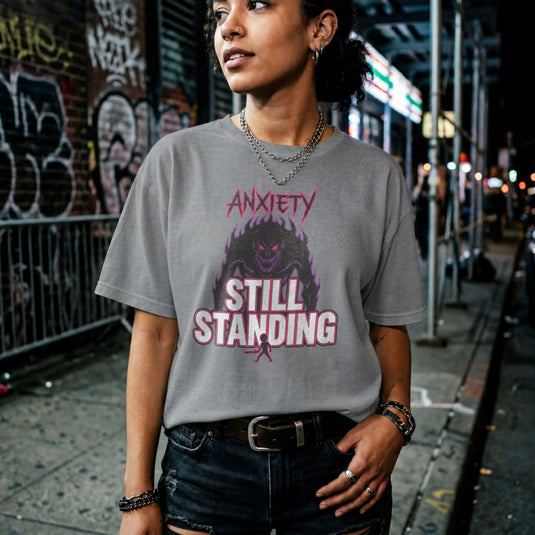 Translation missing: en.Graphite heather t-shirt with a giant dark shadow monster graphic reading Anxiety and Still Standing with small knight