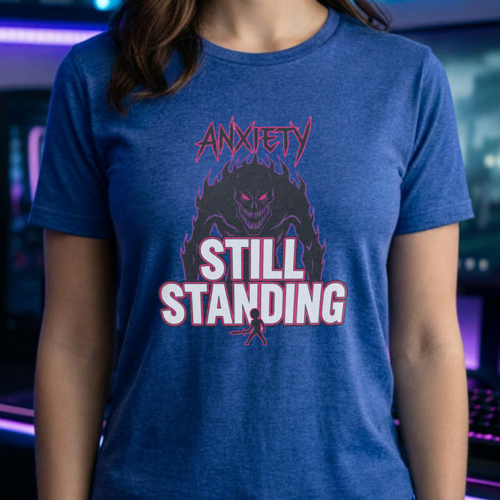 Translation missing: en.Heather royal t-shirt with a giant dark shadow monster graphic reading Anxiety and Still Standing with small knight