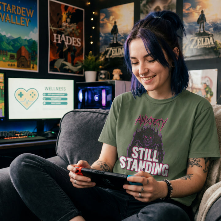 Translation missing: en.Military green t-shirt with a giant dark shadow monster graphic reading Anxiety and Still Standing with small knight