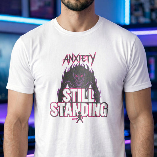 Translation missing: en.White t-shirt with a giant dark shadow monster graphic reading Anxiety and Still Standing with small knight