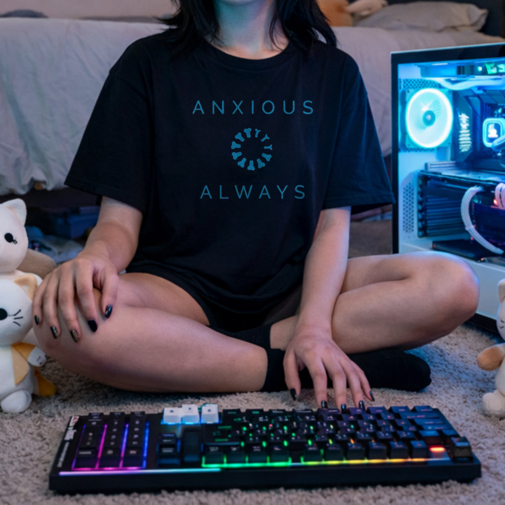 Translation missing: en.Alt n Vibe black women's t-shirt with a blue loading wheel made of mini joysticks between text reading Anxious Always