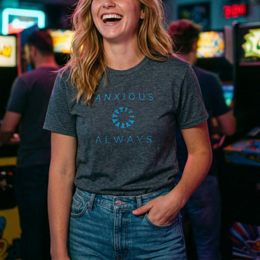 Translation missing: en.Alt n Vibe dark heather women's t-shirt with a blue loading wheel made of mini joysticks between text reading Anxious Always