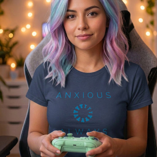 Translation missing: en.Alt n Vibe navy women's t-shirt with a blue loading wheel made of mini joysticks between text reading Anxious Always