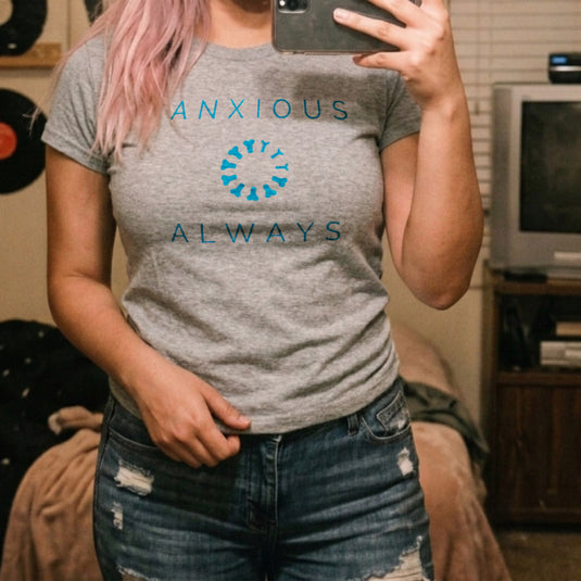 Translation missing: en.Alt n Vibe sports grey women's t-shirt with a blue loading wheel made of mini joysticks between text reading Anxious Always