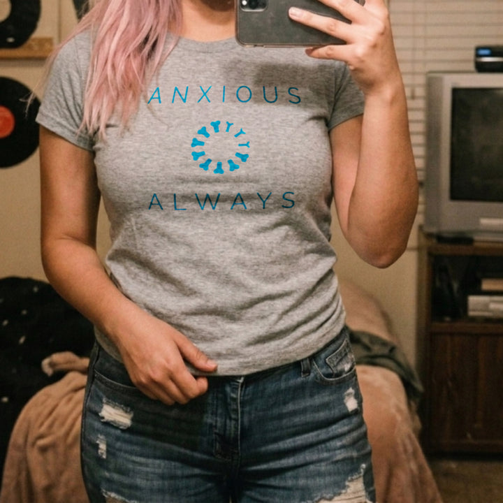 Translation missing: en.Alt n Vibe sports grey women's t-shirt with a blue loading wheel made of mini joysticks between text reading Anxious Always