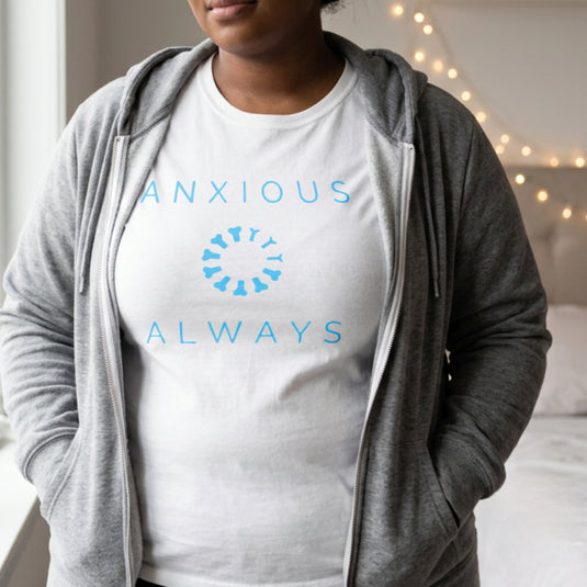 Translation missing: en.Alt n Vibe white women's t-shirt with a blue loading wheel made of mini joysticks between text reading Anxious Always