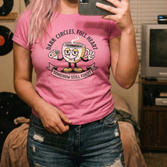 Translation missing: en.Alt n Vibe azalea woman's t-shirt with a vintage cartoon coffee mug holding a gaming controller and flashing a peace sign
