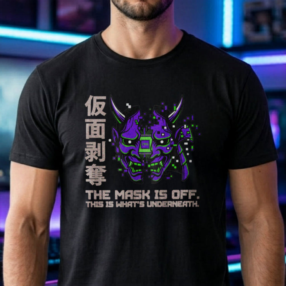 Translation missing: en.Split purple cyber Oni mask black t-shirt with CPU core and text reading The Mask Is Off This Is What's Underneath