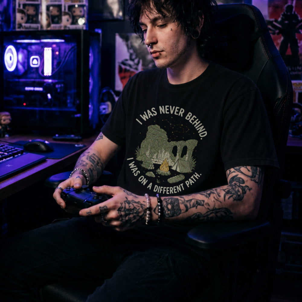 Translation missing: en.Black t-shirt with RPG campfire ruins illustration and text I Was Never Behind I Was On A Different Path