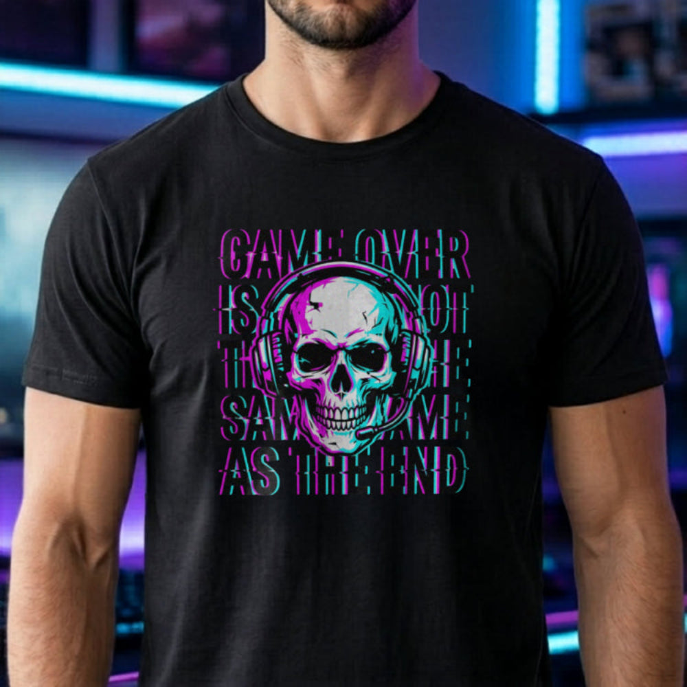 Translation missing: en.Black t-shirt with a neon glitch skull wearing a headset and text Game Over Is Not The Same As The End