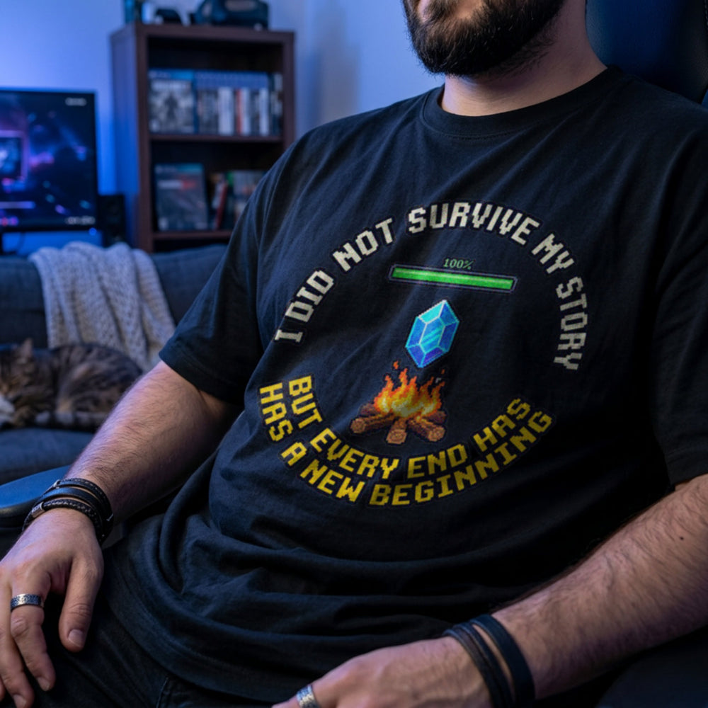 Translation missing: en.Black gamer mental health t-shirt featuring a pixel bonfire checkpoint graphic with a hopeful recovery quote