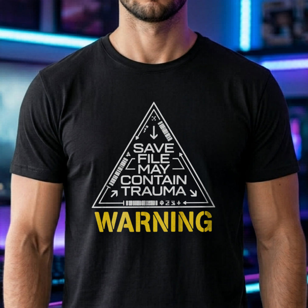 Translation missing: en.Black shirt featuring sci-fi triangle warning graphic with text: Save File May Contain Trauma and WARNING label