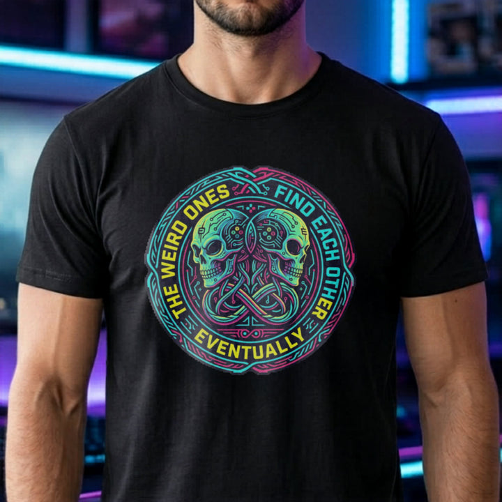 Translation missing: en.Black t-shirt with neon cyber skulls emblem and text: The weird ones find each other eventually gaming graphic