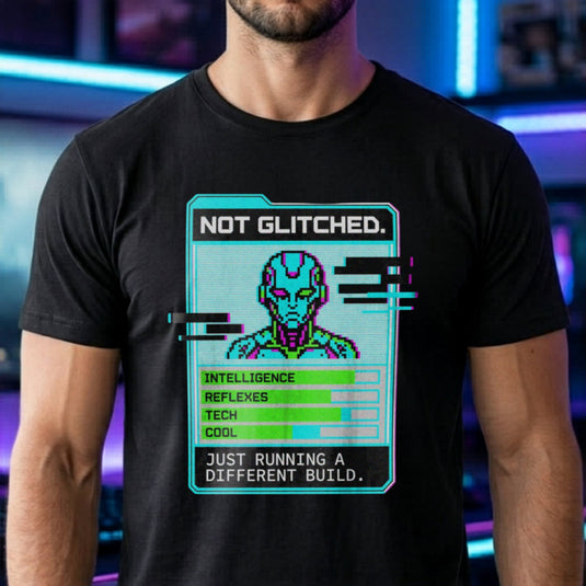 Translation missing: en.Black men's heavy cotton t-shirt with pixel art cyborg stat card reading Not Glitched