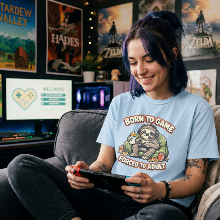 Translation missing: en.Light blue t-shirt featuring a cute sloth gamer graphic with text Born to Game Forced to Adult in orange text