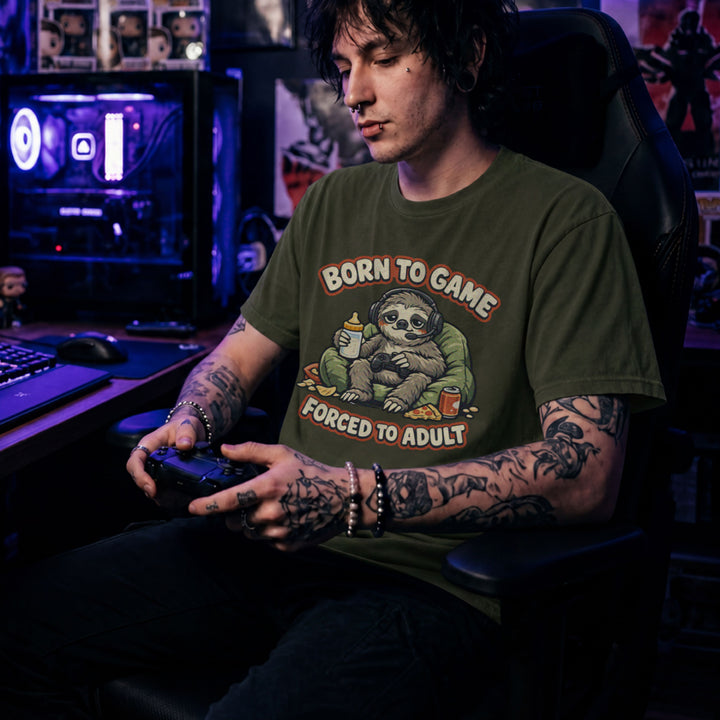 Translation missing: en.Military green t-shirt featuring a cute sloth gamer graphic with text Born to Game Forced to Adult in orange text
