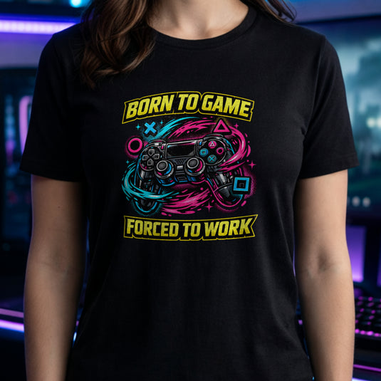 Translation missing: en.Black t-shirt with a neon controller graphic and yellow text Born to Game Forced to Work in banner fonts