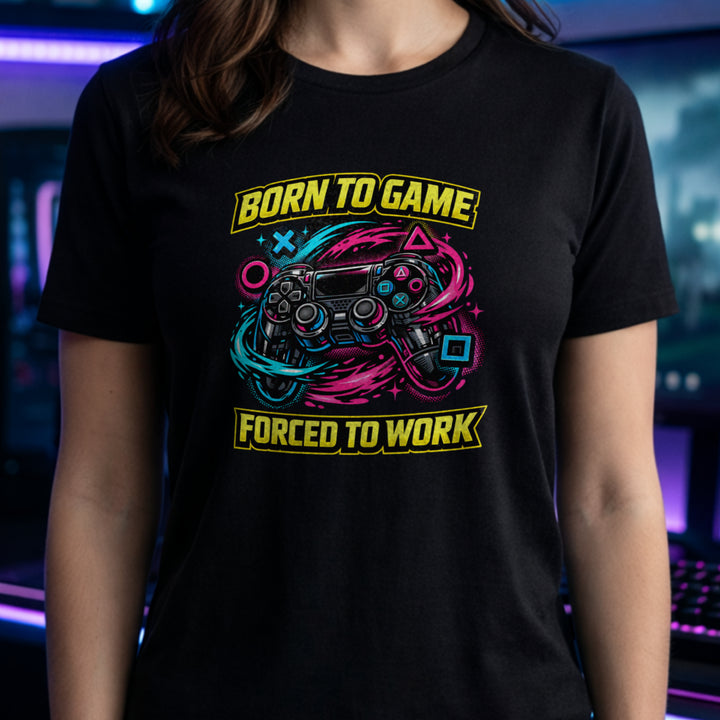 Translation missing: en.Black t-shirt with a neon controller graphic and yellow text Born to Game Forced to Work in banner fonts