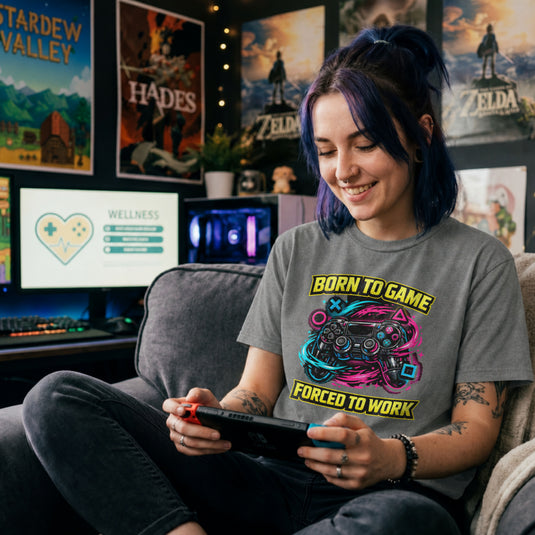 Translation missing: en.Graphite heather t-shirt with a neon controller graphic and yellow text Born to Game Forced to Work in banner fonts